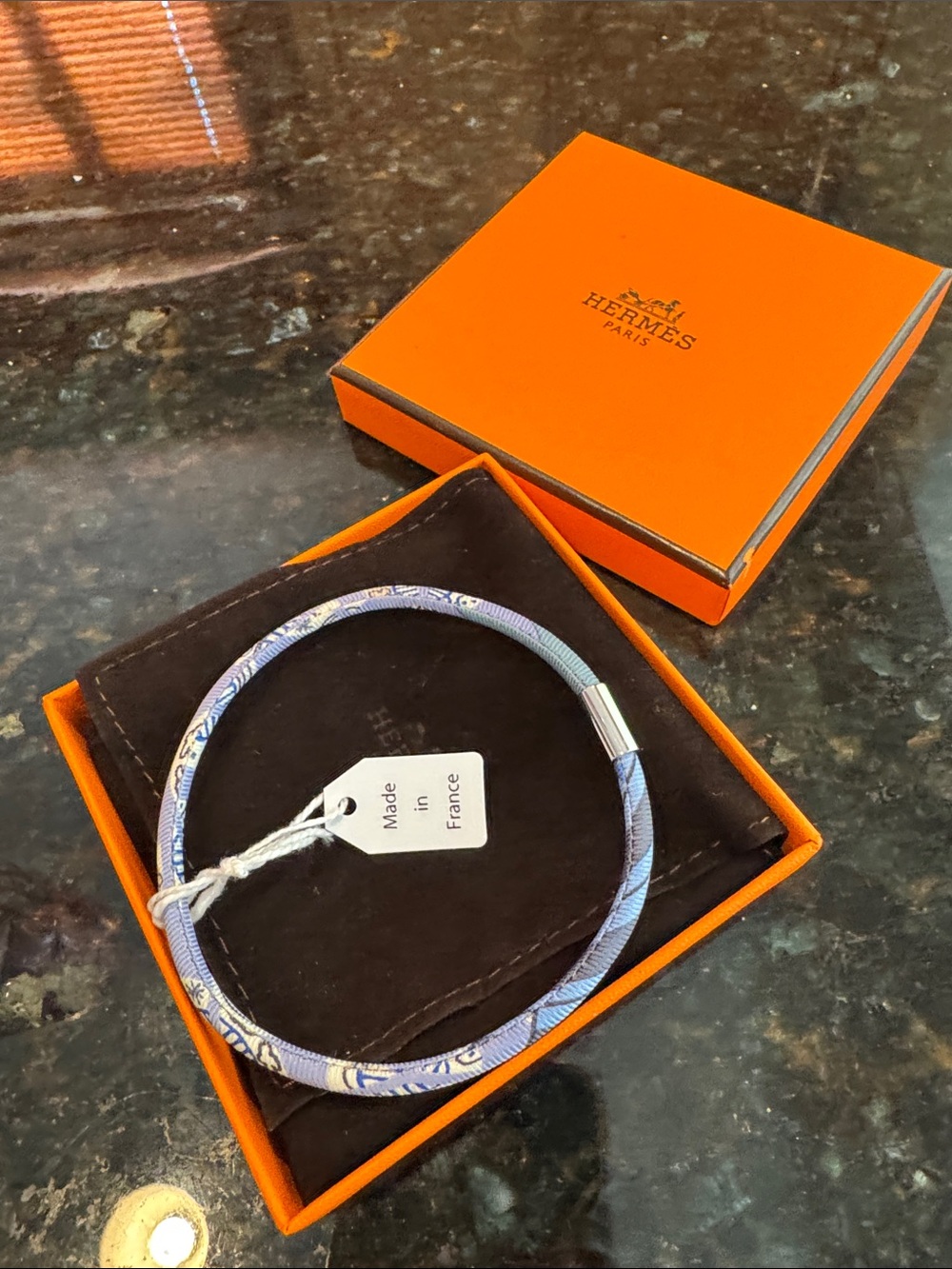 Hermès Blue Patterned silk Bangle Bracelet.